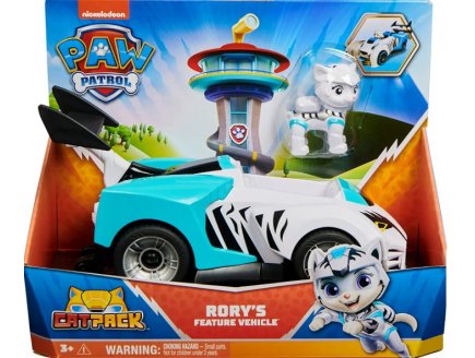 PAT PATROUILLE RORY AVEC SA VOITURE TRANSFORMABLE - FIGURINE CHAT - PAW PATROL CATPACK - SPIN MASTER