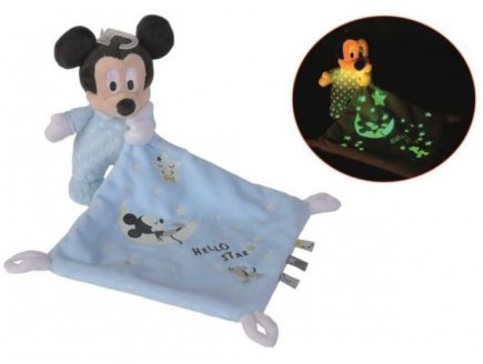 PELUCHE MICKEY AVEC SON MOUCHOIR PHOSPHORESCENTE BLEU 17 CM DISNEY - DOUDOU BRILLE DANS LA NUIT - NICOTOY