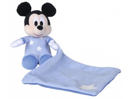 PELUCHE MICKEY AVEC SON MOUCHOIR PHOSPHORESCENTE BLEU 18 CM DISNEY - DOUDOU BRILLE DANS LA NUIT - NICOTOY