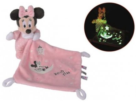 PELUCHE MINNIE AVEC SON MOUCHOIR PHOSPHORESCENTE ROSE 17 CM DISNEY - DOUDOU BRILLE DANS LA NUIT - NICOTOY