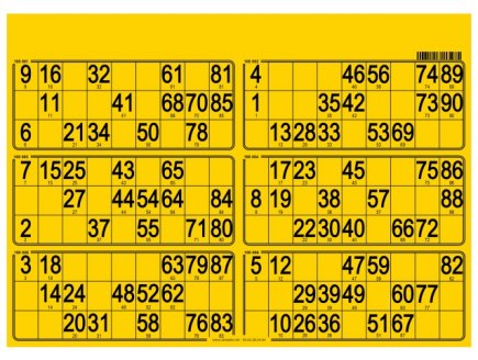 PLAQUE DE 6 GRILLES DE LOTO RIGIDE 1,5MM JAUNE INTENSE - CARTONS LOTO - CARTALOTO