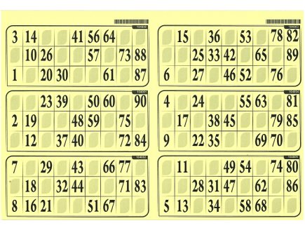 PLAQUE DE 6 GRILLES DE LOTO RIGIDE 1MM JAUNE - CARTONS LOTO - LOTOQUINE
