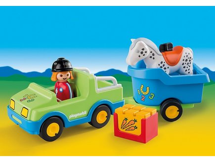 PLAYMOBIL 1.2.3 6958 VEHICULE AVEC REMORQUE A CHEVAL