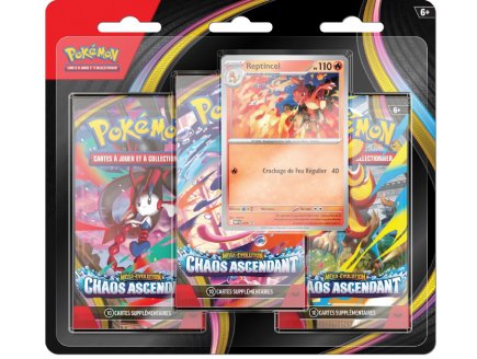 Pokemon ME04 Méga Evolution - Coffret Tripack Chaos Ascendant : 3 Boosters de 10 cartes a collectionner + Carte Reptincel - Asmodee