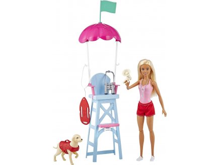 Poupee barbie blonde metier : maitre- nageur + chien + accessoires - sauveteuse - Mattel - gtx69