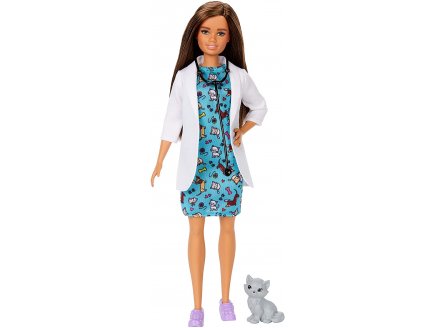 Poupee barbie brune metier : veterinaire avec blouse et chaton - Mattel - gjl63