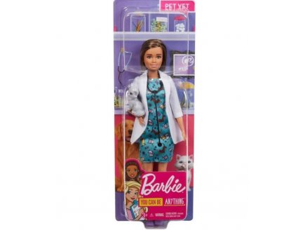 POUPEE BARBIE BRUNE METIER : VETERINAIRE AVEC BLOUSE ET CHATON - MATTEL - GJL63