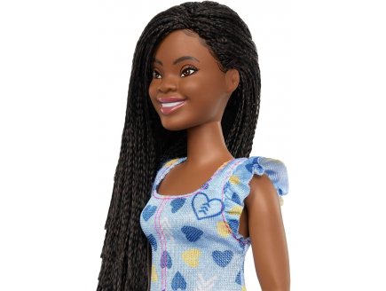 Poupee Barbie Fashionistas noire - Robe bleue avec curs jaune et bleu - Mattel - HYK14