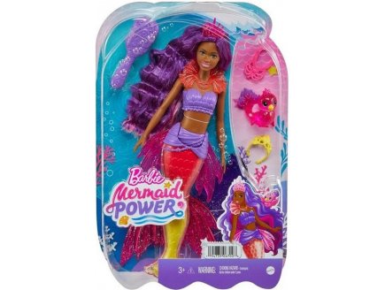 POUPEE BARBIE MERMAID POWER : SIRENE BROOKLYN CHEVEUX VIOLET ET ROSE + OISEAU + 3 ACCESSOIRES - MATTEL - HHG53