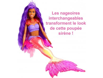Poupee barbie mermaid power : sirene brooklyn cheveux violet et rose + oiseau + 3 accessoires - Mattel - hhg53