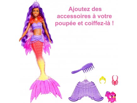 Poupee barbie mermaid power : sirene brooklyn cheveux violet et rose + oiseau + 3 accessoires - Mattel - hhg53