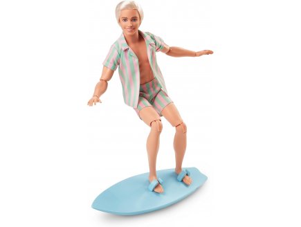 Poup�e Ken Blond Articul�e avec ensemble plage ray� rose et vert pastel + Planche de surf - Barbie Le Film - Mattel - HPJ97