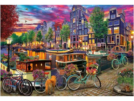 PUZZLE AMSTERDAM : VELO ET VU SUR LE CANAL AU COUCHE DU SOLEIL 6000 PIECES - COLLECTION VILLE PAYS BAS - EDUCA - 20330