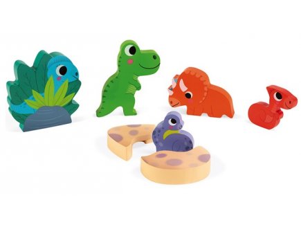 Puzzle cache-cache dinosaures en bois 6 pieces figurines - Janod - j07104 - encastrement bebe