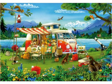 PUZZLE CAMPING AU BORD DU LAC AVEC COMBI VOLKSWAGEN 1000 PIECES - COLLECTION PAYSAGE ET MONTAGNE - EDUCA - 19922