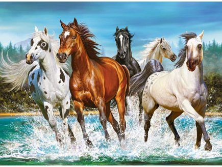 PUZZLE CHEVAUX BLANC BRUN ET NOIR QUI GALOPENT DANS L'EAU 2000 PIECES - COLLECTION ANIMAUX