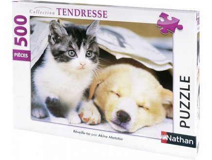 PUZZLE CHIEN ET CHAT : REVEILLE TOI 500 PIECES - COLLECTION TENDRESSE - NATHAN - 87129