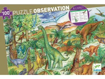 PUZZLE D'OBSERVATION LE MONDE DES DINOSAURES 100 PIECES - LIVRET ET POSTER - DJECO - DJ07424