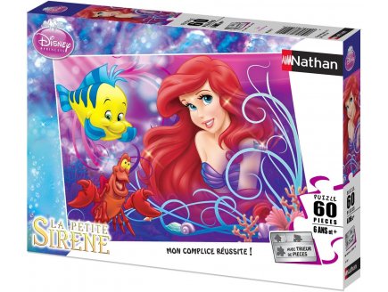 PUZZLE DISNEY LA PETITE SIRENE : ARIEL AVEC CRABE SEBASTIEN ET POISSON POLOCHON 60 PIECES - NATHAN - 86634