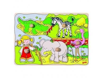 PUZZLE EN BOIS ANIMAUX DU ZOO 5 PIECES - GOKI - PUZZLE A ENCASTRER AVEC BOUTONS - 57590