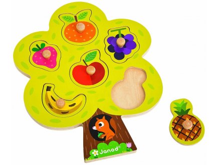 PUZZLE EN BOIS ARBRE GOURMAND 6 PIECES - JANOD - PUZZLE A ENCASTRER - PUZZLE AVEC BOUTONS