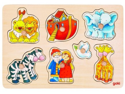 PUZZLE EN BOIS ARCHE DE NOE 7 PIECES - GOKI - PUZZLE A ENCASTRER AVEC BOUTONS - 57533