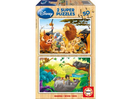 PUZZLE EN BOIS DISNEY : ROI LION SIMBA NALA TIMON PUMBAA - LIVRE DE LA JUNGLE : BALOO MOWGLI 2 X 50 PIECES - EDUCA - 13144