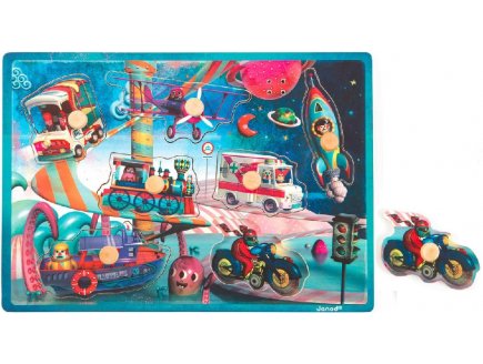 PUZZLE EN BOIS MUSICAL SPACE MOTION 7 PIECES - JANOD - PUZZLE A ENCASTRER AVEC BOUTONS - J07073