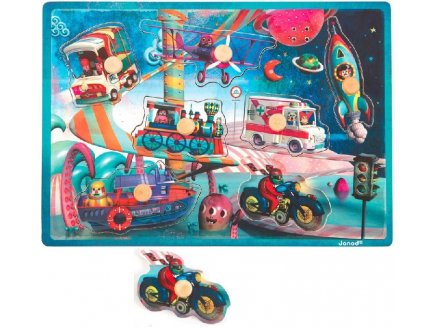 PUZZLE EN BOIS MUSICAL SPACE MOTION 7 PIECES - JANOD - PUZZLE A ENCASTRER AVEC BOUTONS - J07073