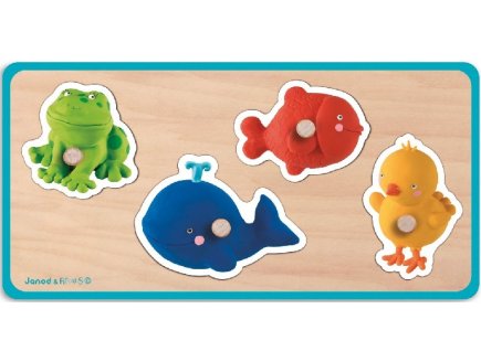 PUZZLE EN BOIS QUADRINIMO - 4 PIECES - JANOD - PUZZLE A ENCASTRER ANIMAUX - PUZZLE AVEC BOUTONS