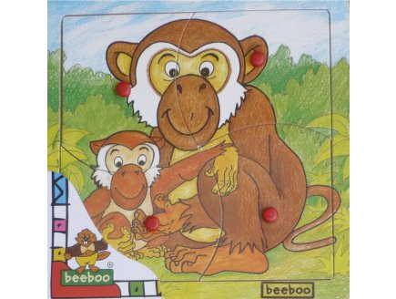 PUZZLE EN BOIS SINGE ET SON PETITS 4 PIECES - BEEBOO - PUZZLE A ENCASTRER AVEC BOUTONS - 0000002C