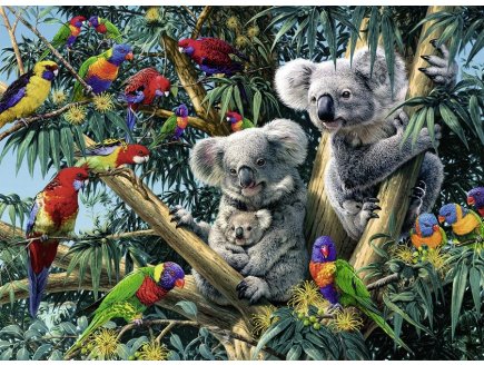 PUZZLE FAMILLE DE KOALAS ET PERROQUETS DANS L'ARBRE 500 PIECES - COLLECTION ANIMAUX - RAVENSBURGER - 14826