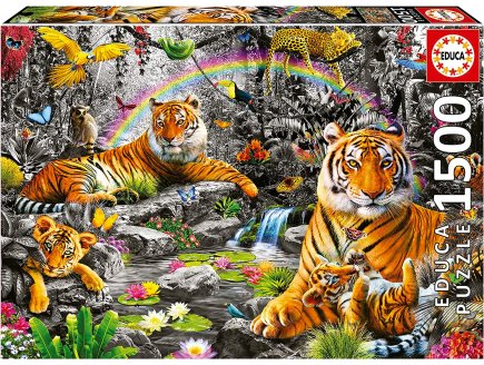 Puzzle famille de tigres au bord du ruisseau dans la foret 1500 pieces - collection animaux sauvages - Educa - 19563