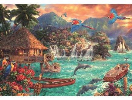 PUZZLE ISLANDE LIFE : OCEAN ET DAUPHIN PERROQUET ET MAISON SUR PILOTIS 2000 PIECES MONTAGE - COLLECTION PAYSAGE - CLEMENTONI - 32569