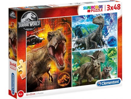 PUZZLE JURASSIC WORLD - DINOSAURE T-REX - TRICERATOPS VELOCIRAPTOR 3 X 48 PIECES - DINO - CLEMENTONI - 25250