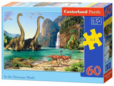 Puzzle lagon aux dinosaures velociraptor mosasaurus et brachiosaure 60 pieces - collection animaux prehistorique dino - castorland