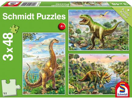 PUZZLE LE MONDE DES DINOSAURES 3 X 48 PIECES AVEC POSTER - SCHMIDT - 56202