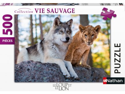 PUZZLE LOUP ET LE LION - 500 PIECES - COLLECTION  ANIMAUX SAUVAGES - NATHAN - 873159