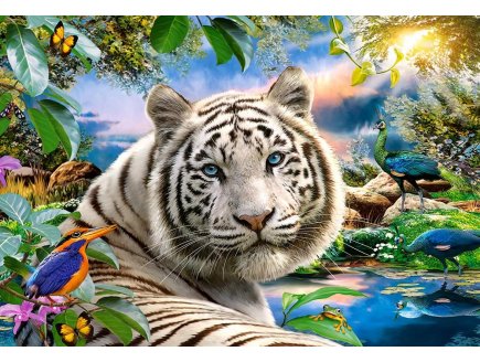 PUZZLE PAYSAGE PARADISIAQUE ET TIGRE BLANC BENGALE - OISEAUX ET PAONS 1500 PIECES - COLLECTION ANIMAUX SAUVAGES