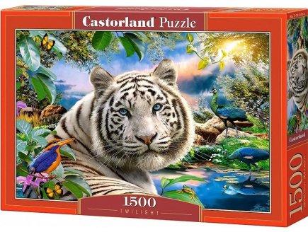 Puzzle paysage paradisiaque et tigre blanc bengale - oiseaux et paons 1500 pieces - collection animaux sauvages