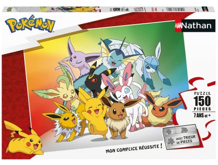 PUZZLE POKEMON FONT LA FETE : PIKACHU EVOLI VOLTALI MENTALI NOCTALI 150 PIECES - NATHAN 86030