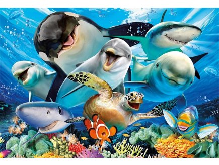 PUZZLE SELFIE SOUS L'EAU : ORQUE REQUINS ET DAUPHINS 500 PIECES - COLLECTION ANIMAUX DE LA MER - EDUCA - 17647