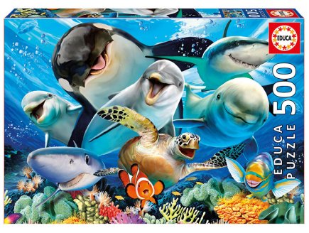 Puzzle selfie sous l'eau : orque requins et dauphins 500 pieces - collection animaux de la mer - Educa - 17647
