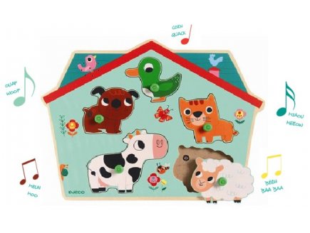 PUZZLE SONORE EN BOIS OUAF WOOF 5 PIECES - DJECO - PUZZLE A ENCASTRER AVEC BOUTONS - DJ01707