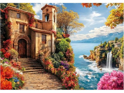 Puzzle Village en bord de mer 500 pieces - Maisons en pierre, Cascade et montagnes - Educa - 20296