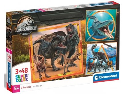 PUZZLES JURASSIC WORLD : T REX ET AUTRES DINOSAURES FEROCES 3 X 48 PIECES - SUPERCOLOR - CLEMENTONI - 25314