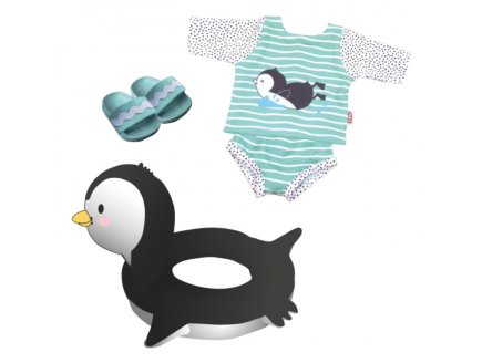 SET DE BAIN PINGOUIN 4 PIECES 35/45 CM : T-SHIRT, SLIP, BOUEE, CLAQUETTES - HELESS - ACCESSOIRES POUPON (69)