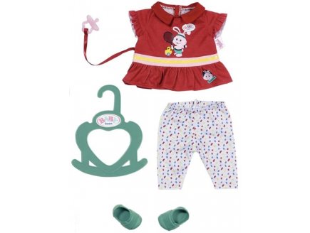 TENUE 4 PIECES : PANTALON AVEC HAUT ROUGE LAPIN CHAUSSURES VERTES ET TETINE - BABY BORN - HABIT POUPEE 36 CM - ZAPF (ZA81)