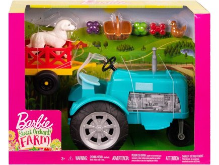 TRACTEUR BLEU DE BARBIE AVEC REMORQUE + 1 CHIEN + 1 POULE - POUPEE BARBIE - MATTEL - GFF49 - VEHICULE BARBIE