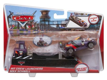 VEHICULE CARS MAX SCHNELL + EQUIPE DE STAND MAX SCHNELL + LANCEURS - VOITURE MINIATURE - MATTEL - BGF10